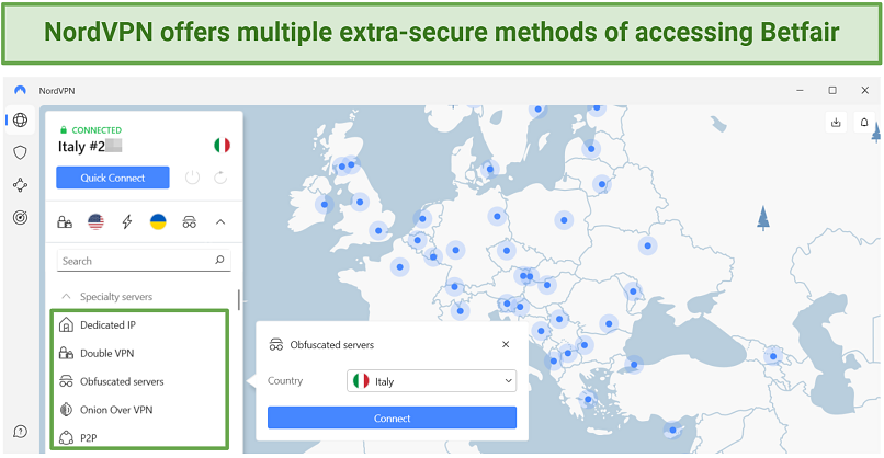 Screenshot of NordVPN's specialized servers