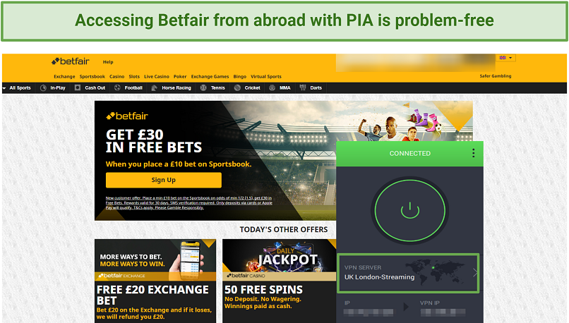 Screenshot of PIA used to access Betfair from abroad