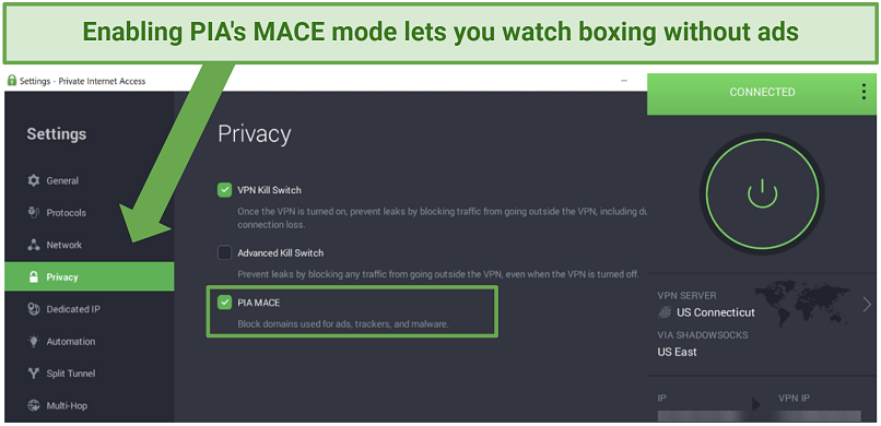 Picture of PIA privacy tab with MACE feature and kill switch enabled
