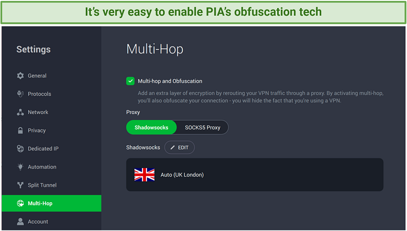 Screenshot of PIA's Multi-Hop settings