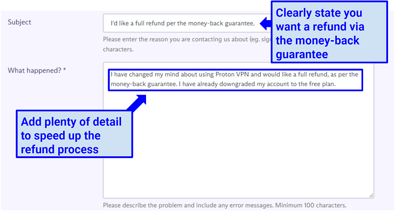 A screenshot of Proton VPN refund request message