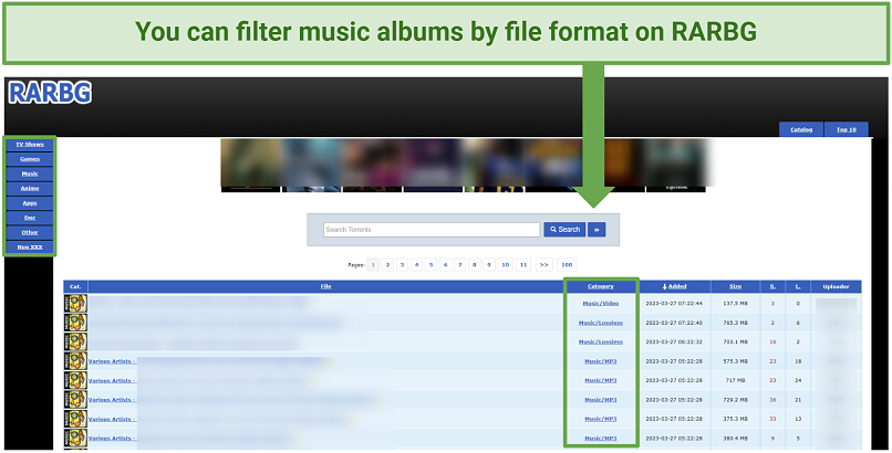 Screenshot of RARBG home page with filtering functionality