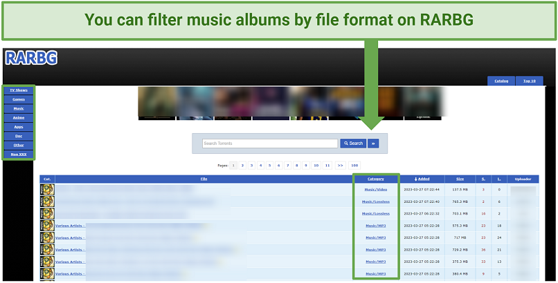 Capture d'écran de la page d'accueil de Rarbg avec des fonctionnalités de filtrage