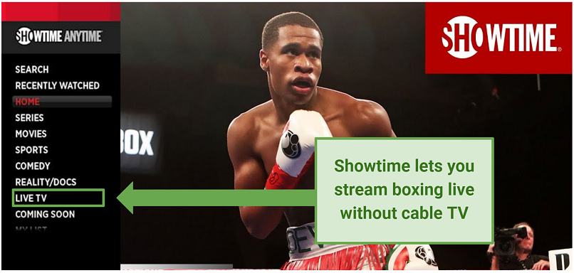 Screenshot of Showtime interface for watching boxing live