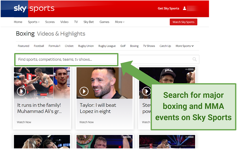 Screenshot of Sky Sports website showing boxing & MMA live fights