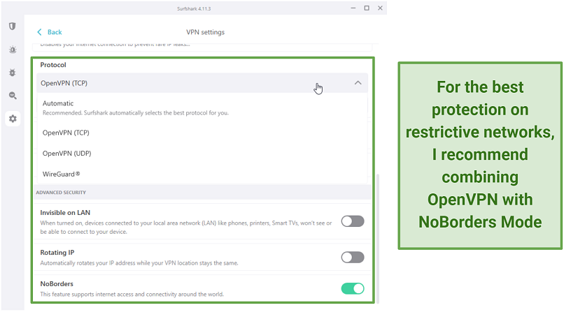 Screenshot of Surfshark VPN security settings