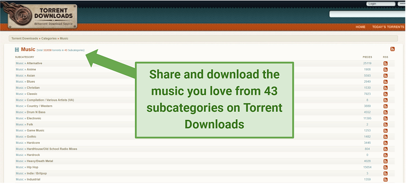  Screenshot from TorrentDownloads showing vast content libraries
