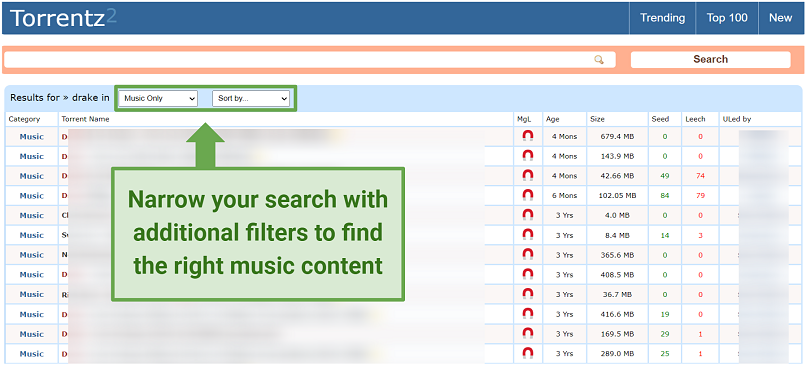 Image of Torrentz2 search engine used to find music