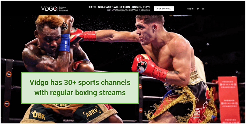 Screenshot of Vidgo TV live service with a boxing match