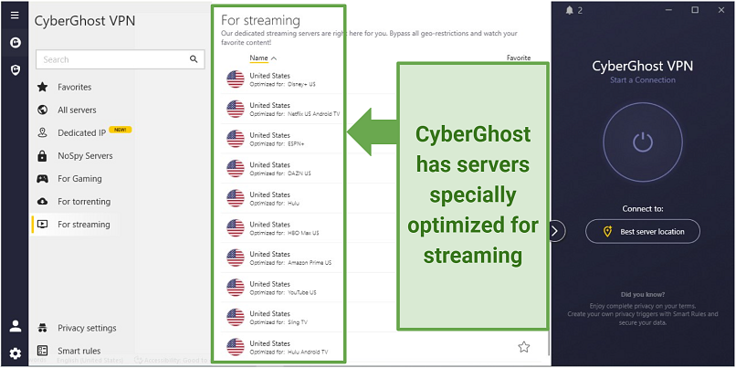 A screenshot of CyberGhost streaming-optimized servers