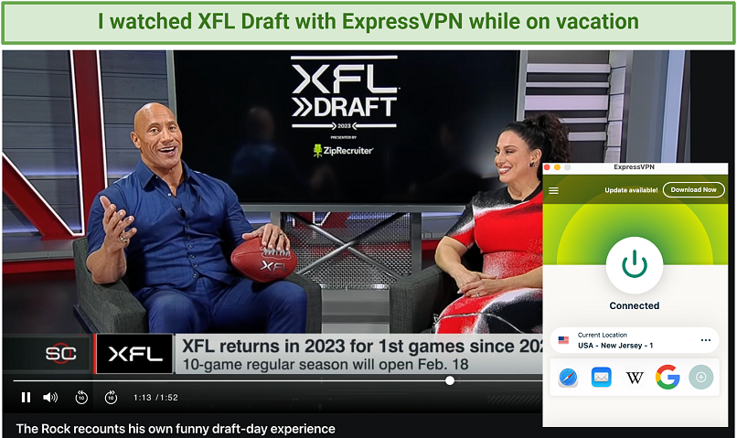 A screenshot of ExpressVPN unblocking XFL draft show