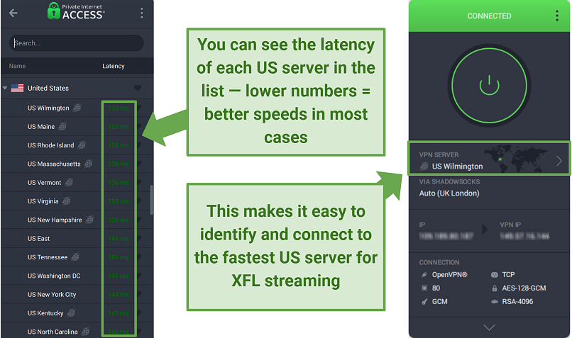 A screenshot of PIA's US server list