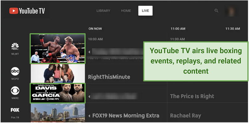 Screenshot of YouTube TV interface with boxing matches