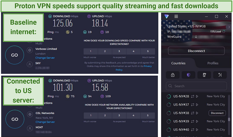 A screenshot of Proton VPN speed test results