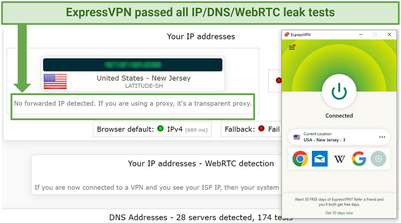 A screenshot of ExpressVPN leak test results