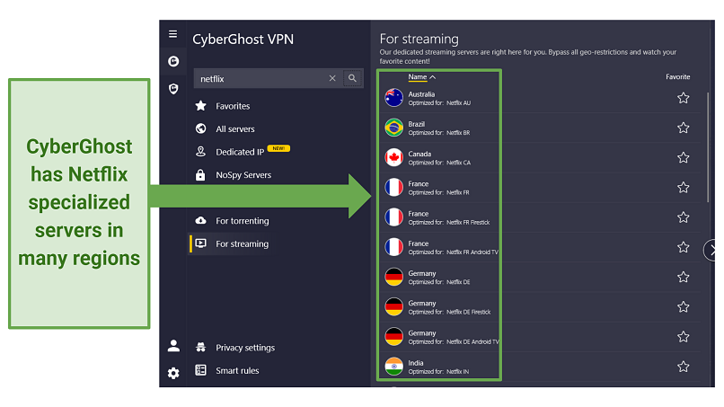 Screenshot of CyberGhost app showing Netflix streaming-optimized servers