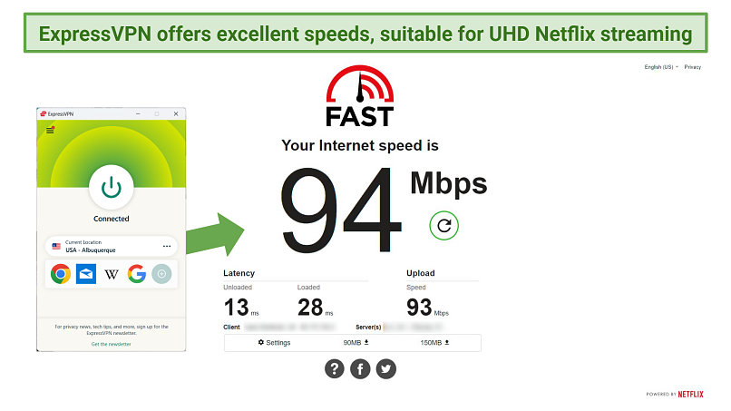 Screenshot of ExpressVPN providing good Netflix streaming speeds