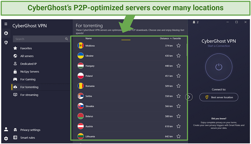 Screenshot of CyberGhost's torrent-optimized servers and their locations