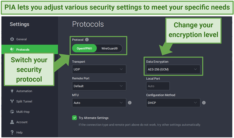 Screenshot of PIA's security settings.