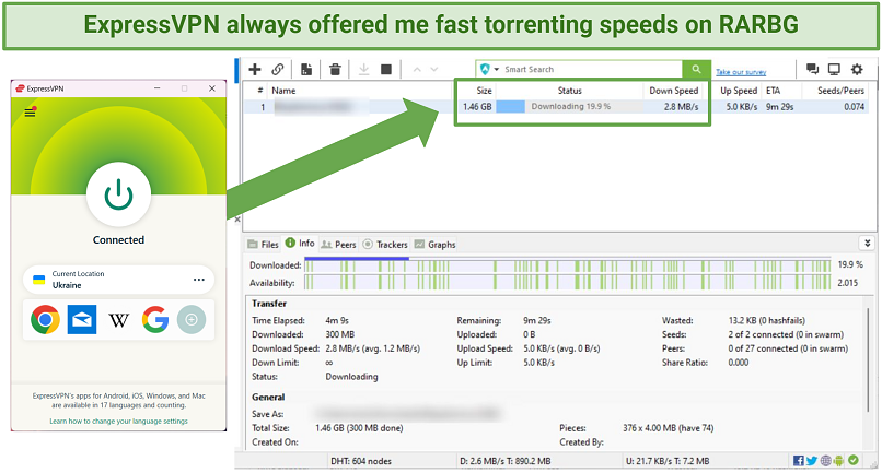 Screenshot ExpressVPN delivering fast torrenting speeds.