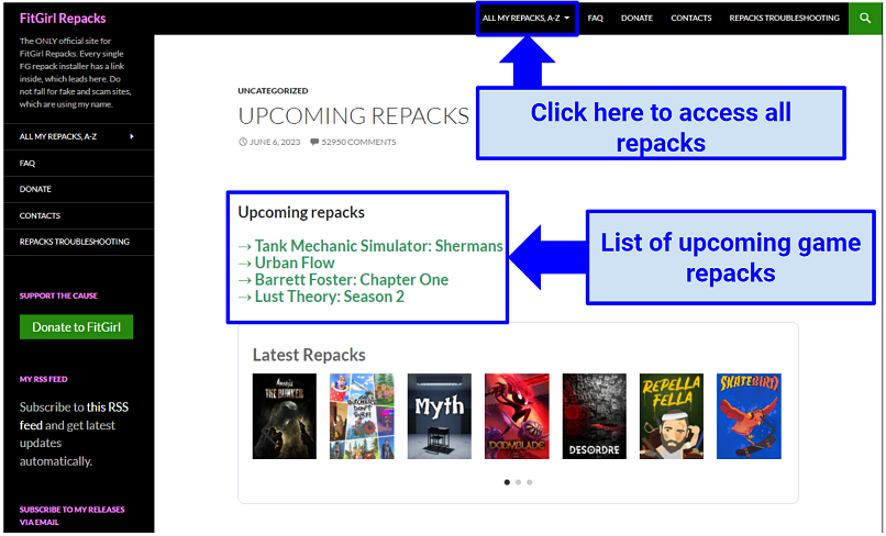 FitGirl Repacks वेबसाइट दिखाने वाली स्क्रीनशॉट आगामी रेपैक प्रदर्शित करता है