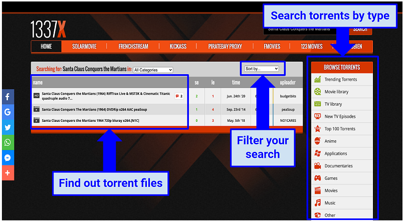 Captura de pantalla del sitio de torrenting 1337x que muestra cómo encontrar archivos torrent y filtrar su búsqueda