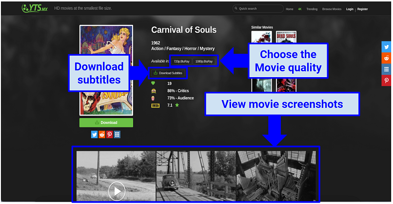 Captura de pantalla de YTS y cómo funciona el sitio de torrenting para obtener programas de películas y televisión