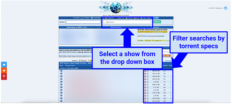 Screenshot zeigt, wie man nach Fernsehsendungen auf EZTV sucht und die Ergebnisse filtert