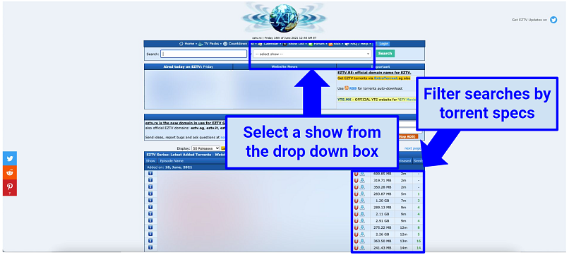स्क्रीनशॉट दिखा रहा है कि EZTV पर टीवी शो की खोज कैसे करें और परिणामों को फ़िल्टर करें