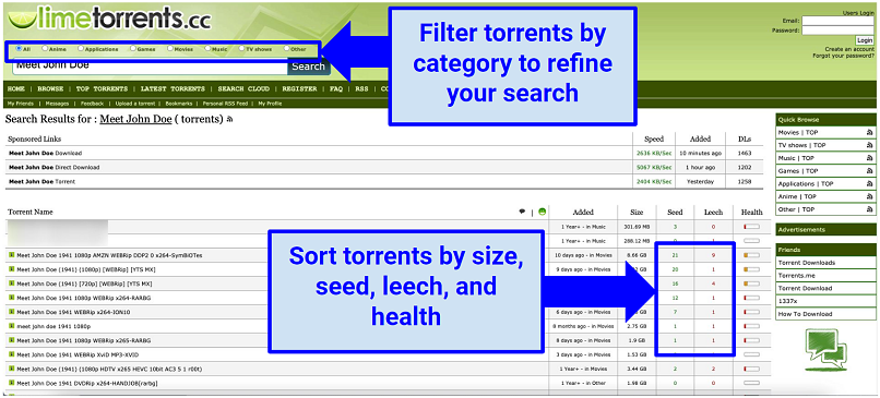 Στιγμιότυπο οθόνης της διασύνδεσης Limetorrents και πώς να ταξινομήσετε τα torrents κατά μέγεθος, σπόρο και υγεία