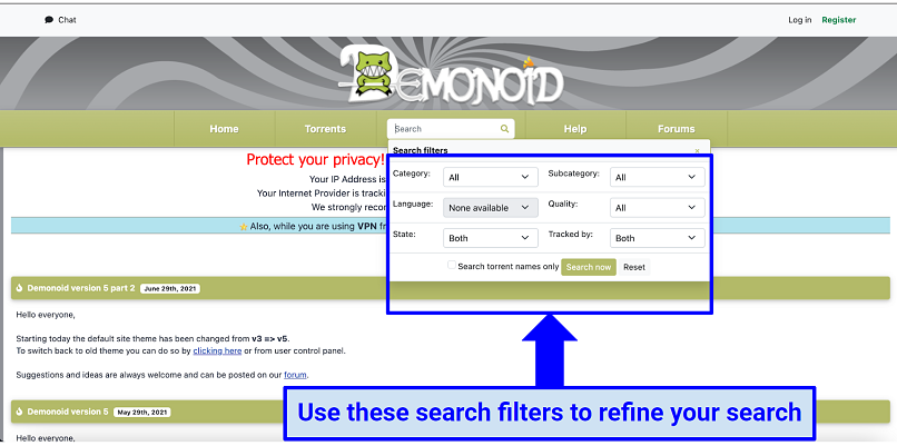 Captura de pantalla de Demonoid que muestra sus diversos criterios de filtrado para encontrar su archivo de torrenting perfecto