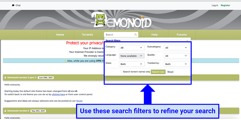 डेमोनोइड का स्क्रीनशॉट अपनी सही टोरेंटिंग फ़ाइल को खोजने के लिए अपने विभिन्न फ़िल्टरिंग मानदंड दिखा रहा है।