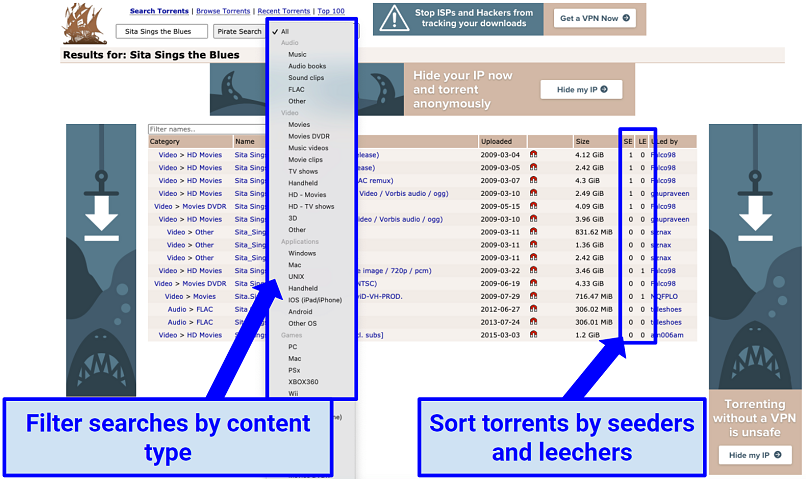 समुद्री डाकू बे वेबसाइट के स्क्रीनशॉट डाउनलोड लिंक, बीज, और सीता के लिए लीचर्स दिखाते हैं