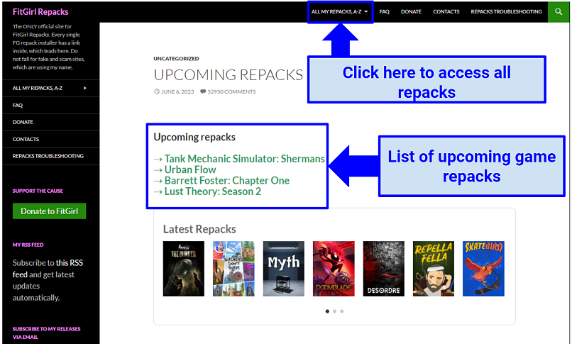 Screenshot showing FitGirl Repacks website displaying upcoming repacks