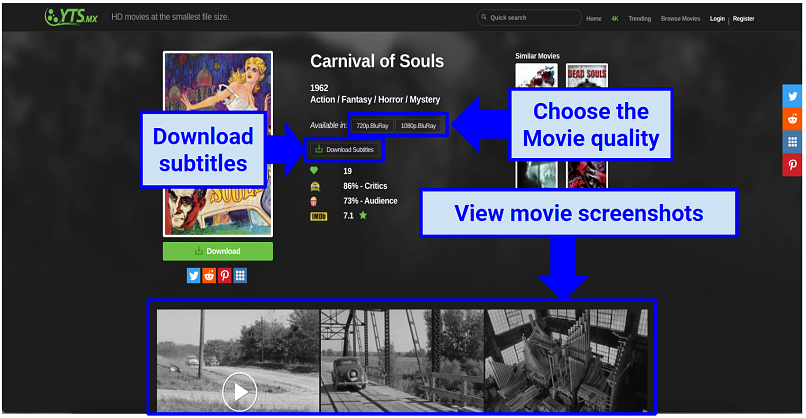 Screenshot of YTS and how the torrenting site works to get movie and TV shows