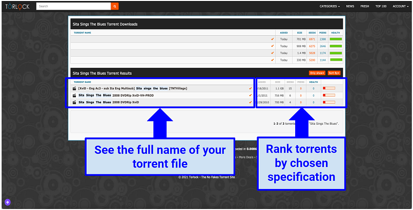 Screenshot of Torlock's interce showing torrenting files and their ranking