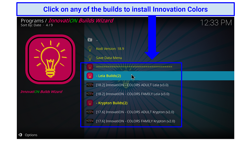 A screenshot showing Innovation Colors Kodi addon is compatible with Kodi 17 and 18