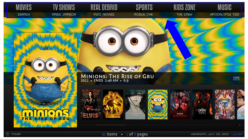 Una captura de pantalla que muestra Misfits Mod Lite Kodi Build tiene múltiples categorías que incluyen películas, deportes y música
