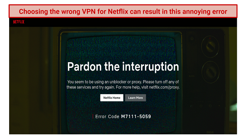 screenshot of Netflix's VPN or proxy error message M7111-5059