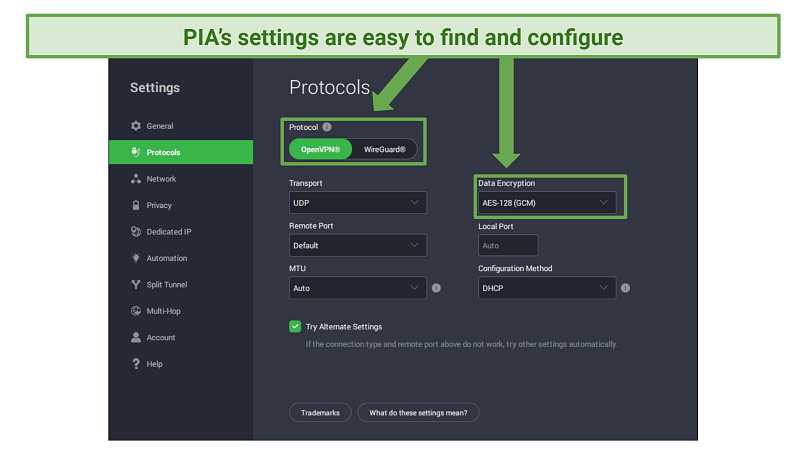 Screenshot of PIA's customizable settings