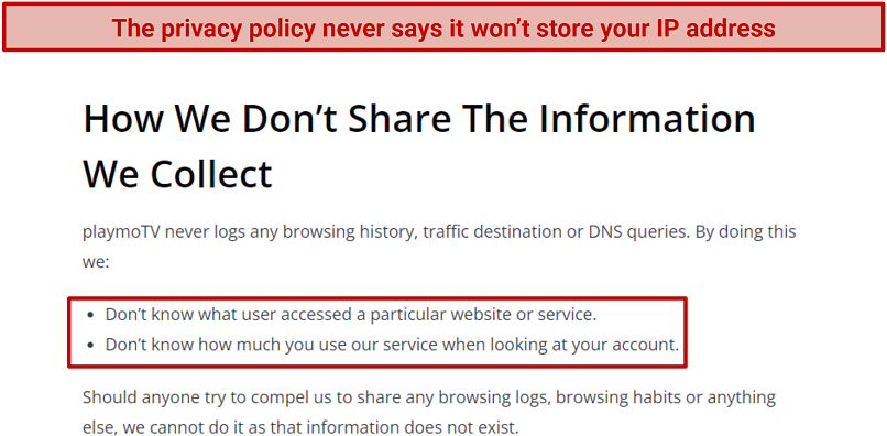 A screenshot showing the playmoTV privacy policy