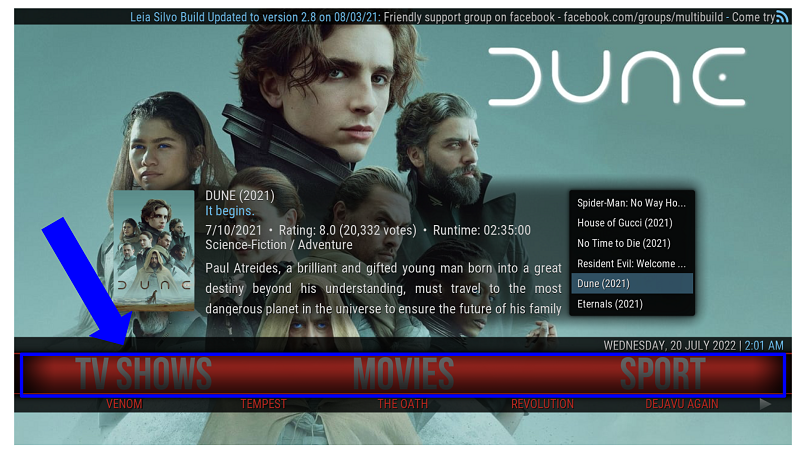 A screenshot showing Silvo Kodi build has a simple interface with descriptive menus