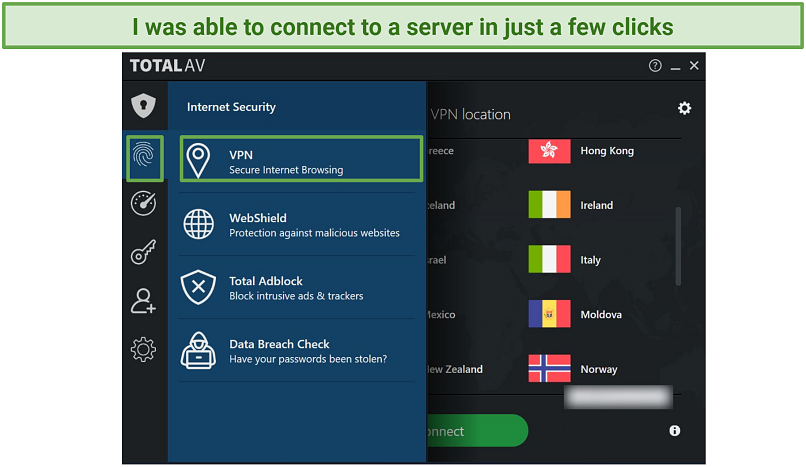 A screenshot showing how to find the VPN on TotalAV's dashboard