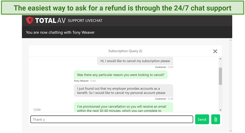 A screenshot showing TotalAVs customer support agent approving a request to cancel subscription