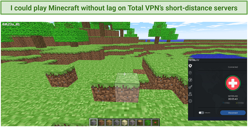 Screenshot of Minecraft being played while connected to Total VPN