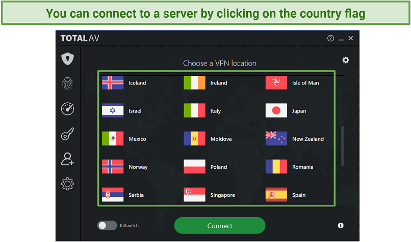 Screenshot of Total AV VPN app highlighting the server list