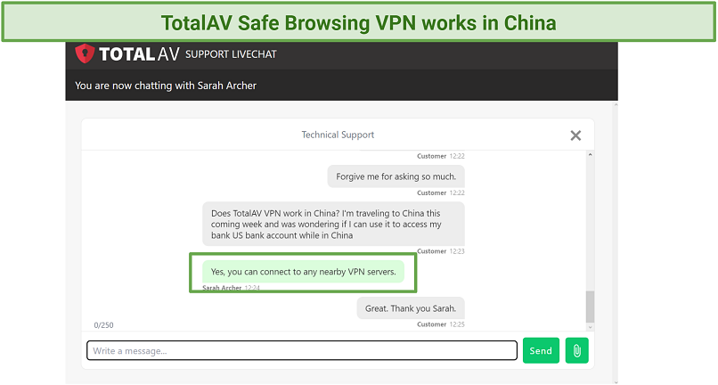 A screenshot showing a chat message with TotalAV's agent confirming that it works in China