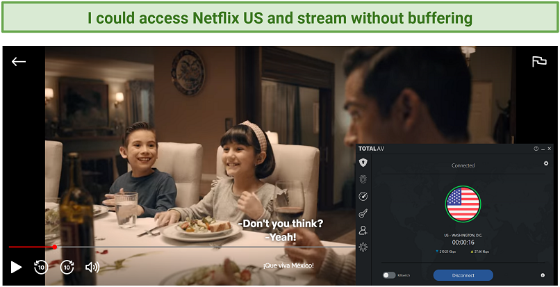 Screenshot showing TotalAV VPN streaming Que viva Mexico on Netflix player
