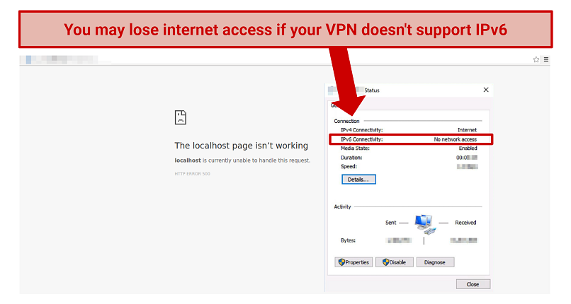 Screenshot of a network error due to IPv6 blocking