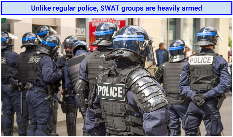 Screenshot of heavily armed SWAT group.